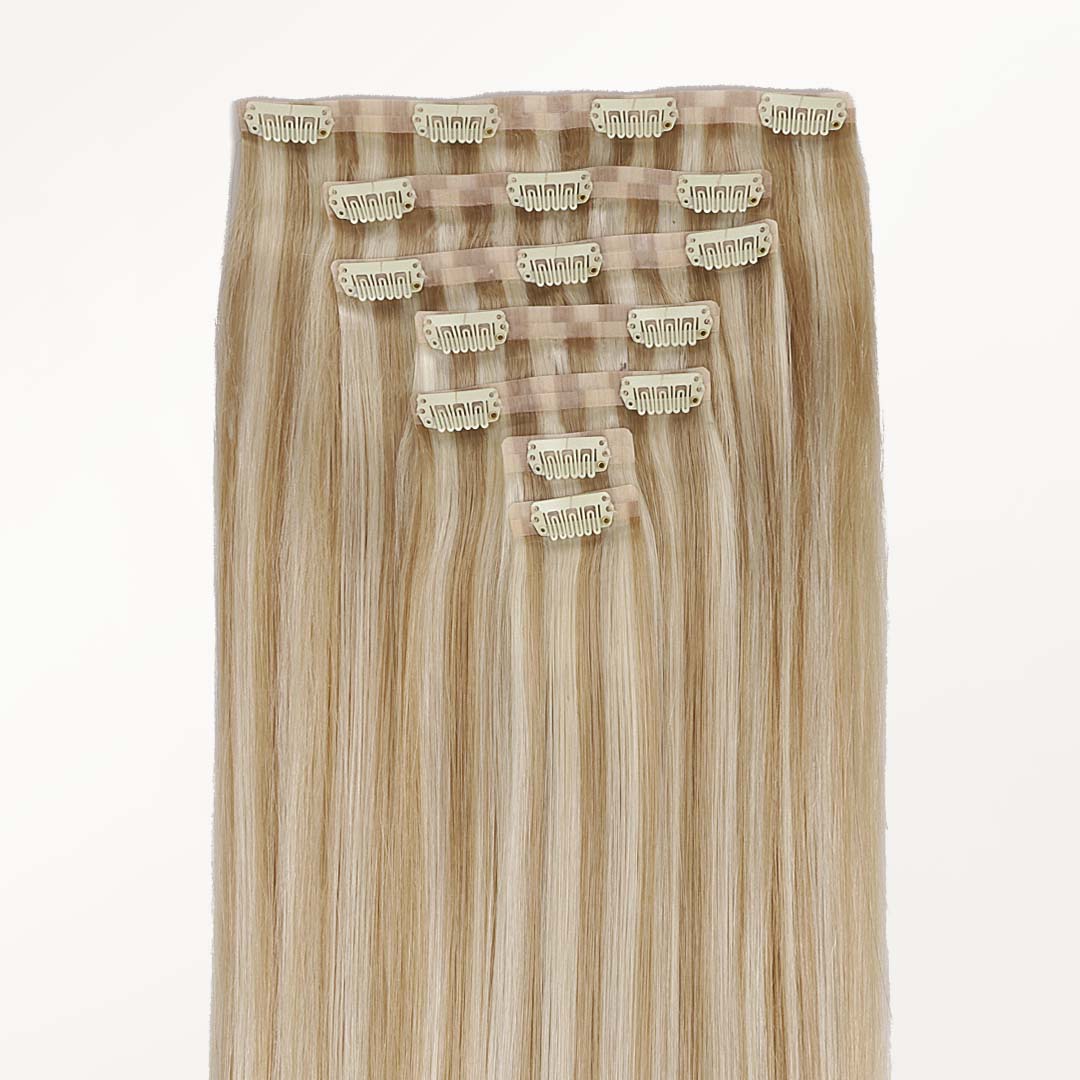 Dark Blonde Highlighted Bleach Blonde (18A/613A) Seamless Clip-Ins (130g-160g)-100% Remy Human Hair.
