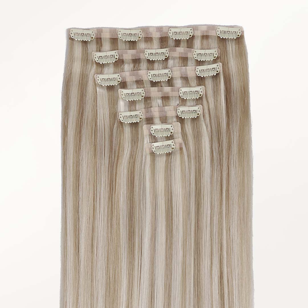 Dark Blonde Highlighted Bleach Blonde (18A/613A) Seamless Clip-Ins [Clearance]_100% Remy Human Hair.