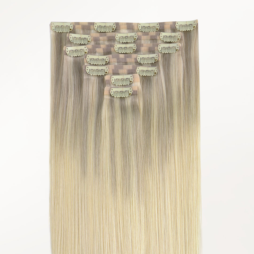 Platinum Blonde Balayage (17/22/60) Seamless Clip-Ins [Clearance]_100% Remy Human Hair.