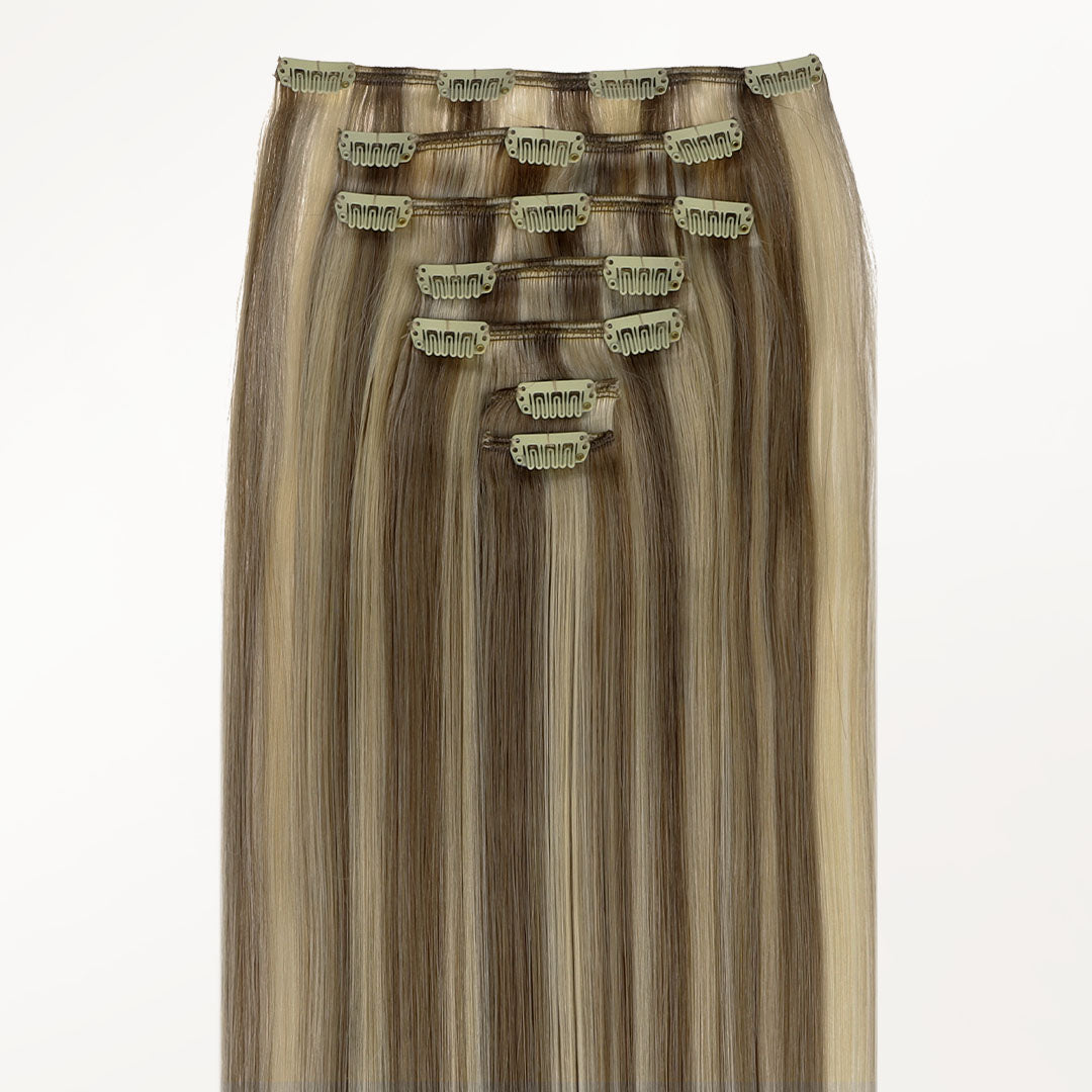 Golden Blonde Highlights (8B/60B) Thick Clip-Ins Set_100% Remy Human Hair.