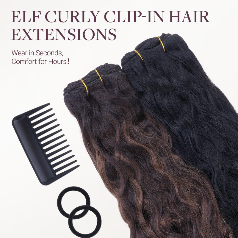 Jet Black (1) Elf Curly Clip-in Hair Extensions (120-150g)_100% Remy Human Hair.