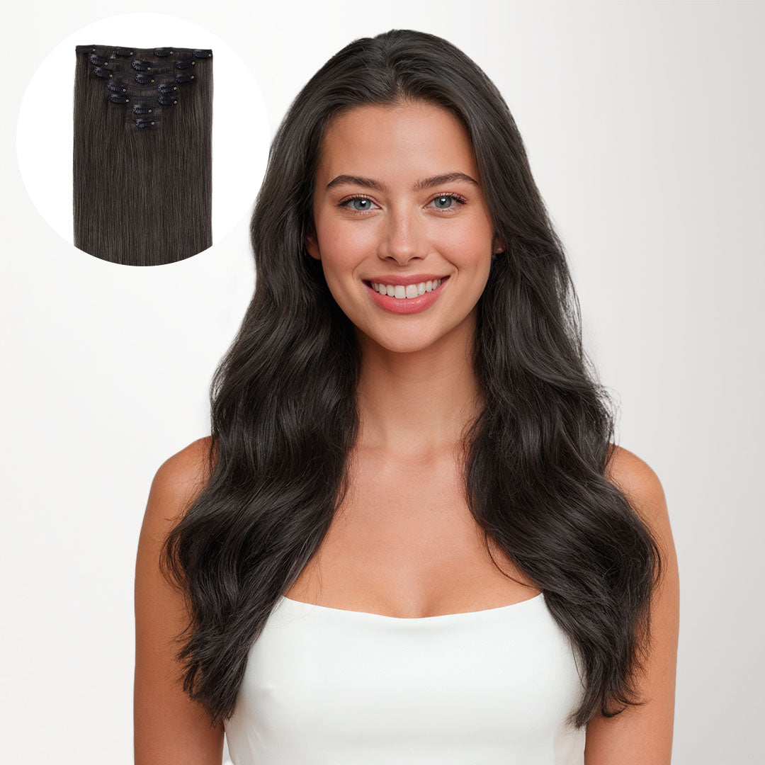 Mocha Brown (1C) Classic Clip-Ins (120g-130g)_100% Remy Human Hair.