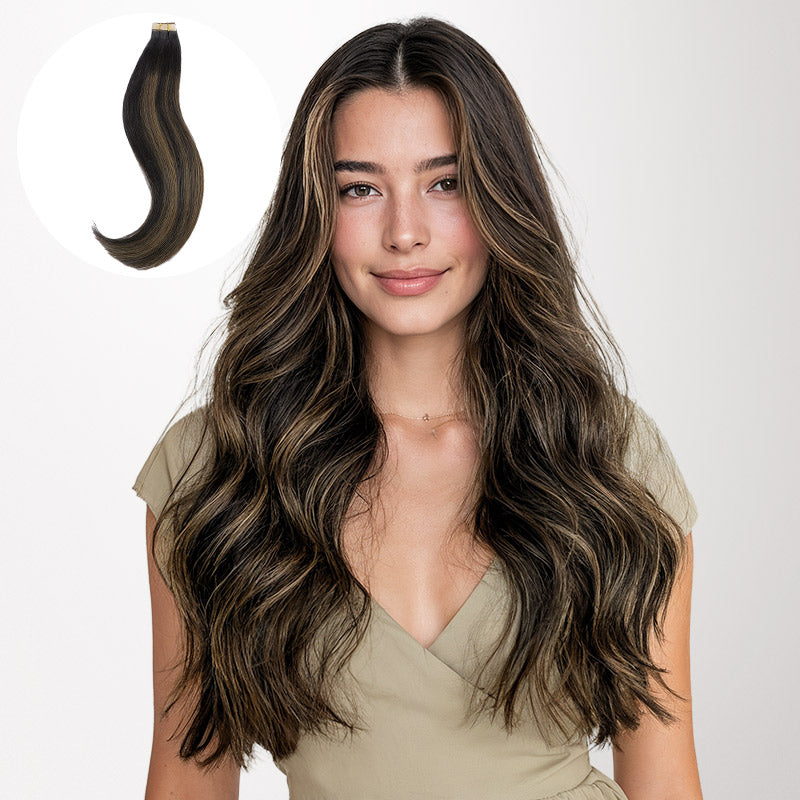 Natural Black Balayage (1B/6/1B) Tape-Ins 50g-100% Remy Human Hair.