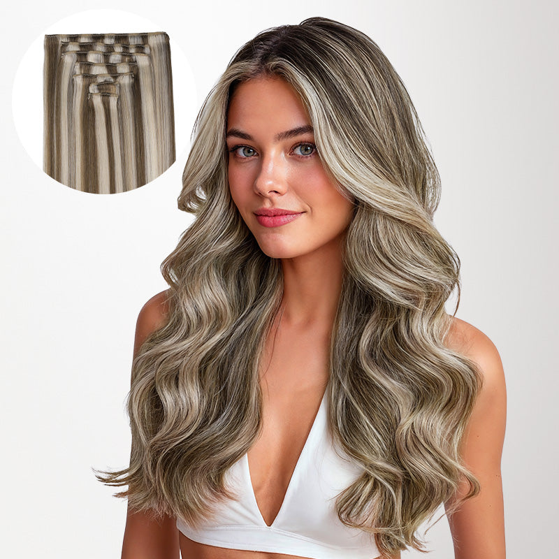 Golden Blonde Highlights (8B/60B) Full Classic Clip-Ins (160g-220g)_100% Remy Human Hair.