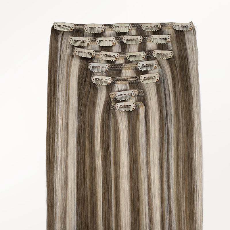 Golden Blonde Highlights (8B/60B) Full Classic Clip-Ins (160g-220g)_100% Remy Human Hair.