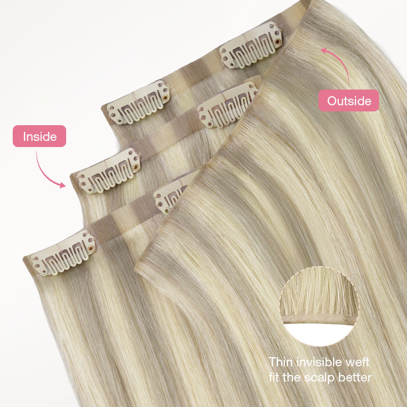 Ash Blonde Highlights (17A/60A) Invisi Edge Seamless Clip-Ins (140g-160g)_100% Remy Human Hair.