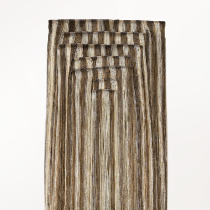 Golden Blonde Highlights (8B/60B) Invisi Edge Seamless Clip-Ins (140g-160g)_100% Remy Human Hair.