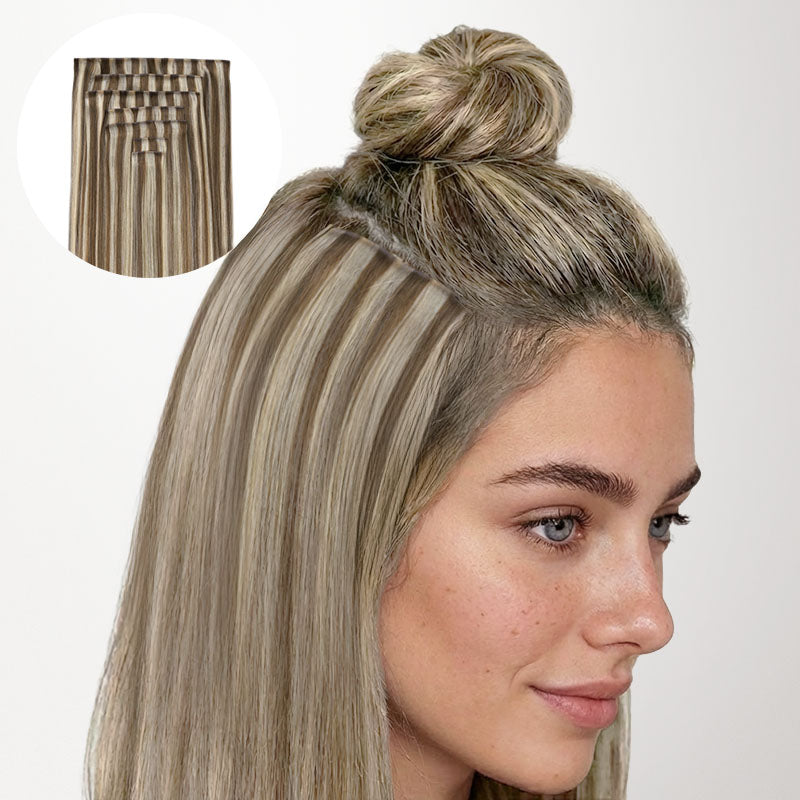 Golden Blonde Highlights (8B/60B) Invisi Edge Seamless Clip-Ins (140g-160g)_100% Remy Human Hair.