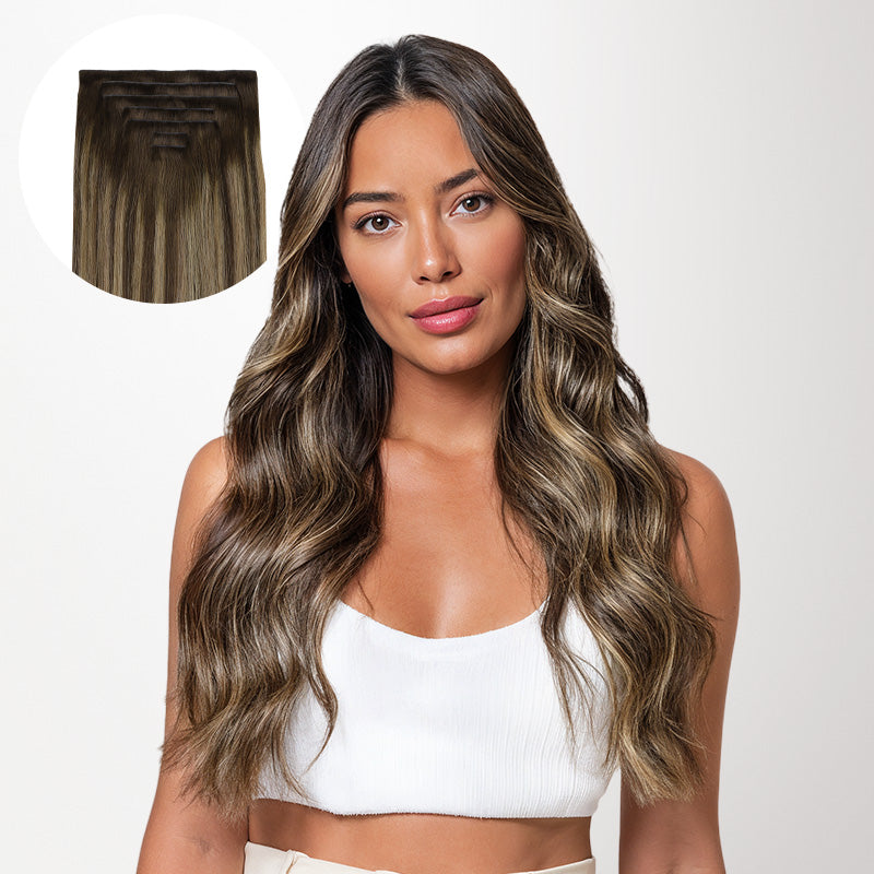 Caramel Blonde Balayage (4/27/4) Invisi Edge Seamless Clip-Ins (140g-160g) – 100% Remy Human Hair.