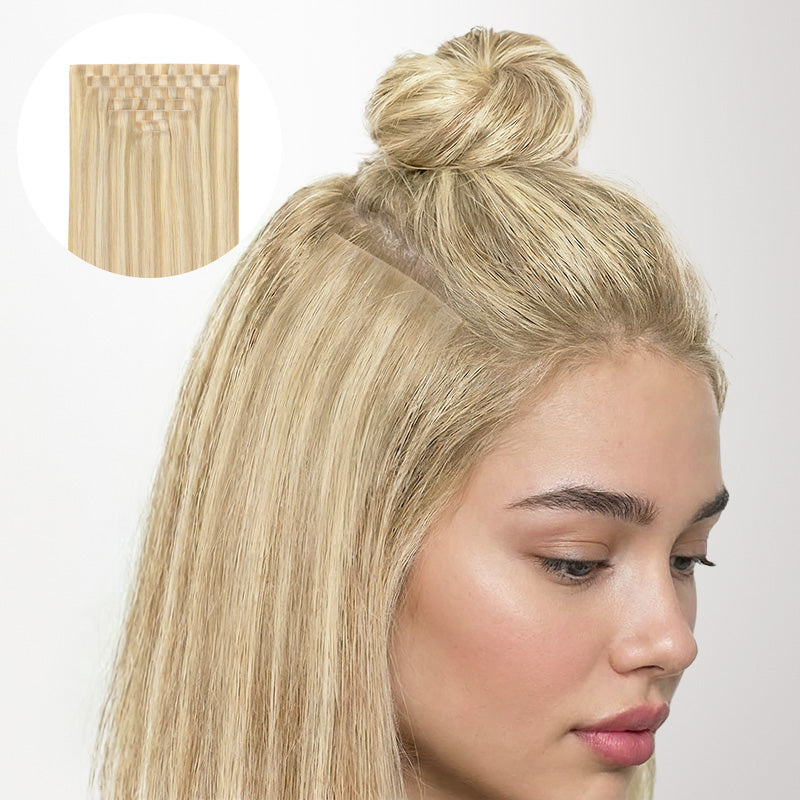 Dark Blonde Highlighted Bleach Blonde (18A/613A) Invisi Edge Seamless Clip-Ins (140g-160g)_100% Remy Human Hair.