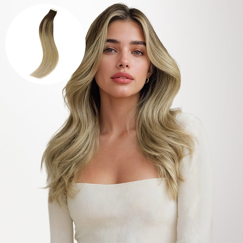 Chocolate Brown to Dirty Blonde (4/18) Tape-Ins 50g-100% Remy Human Hair.