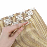 Dark Blonde Highlighted Bleach Blonde (18A/613A) Seamless Clip-Ins [Clearance]_100% Remy Human Hair.