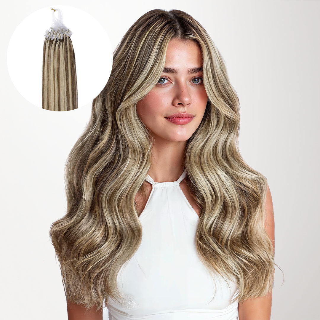 Golden Blonde Highlights (8B/60B) Micro Link Feather Tip 68g_100% Remy Human Hair.