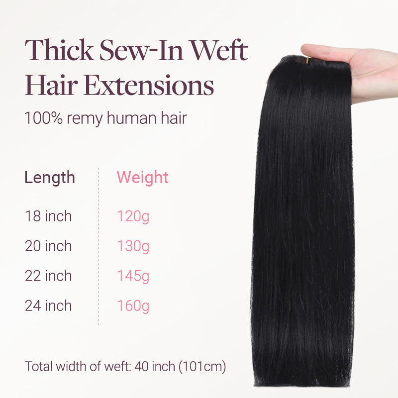 Jet Black (1) Thick Sew-In Weft Hair Extensions (120g-160g)_100% Remy Human Hair.