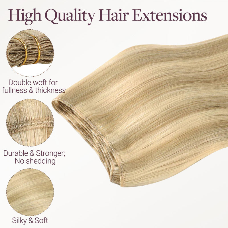 Light Blonde Highlights (16/22A) Thick Sew-In Weft Hair Extensions (120g-160g)_100% Remy Human Hair.
