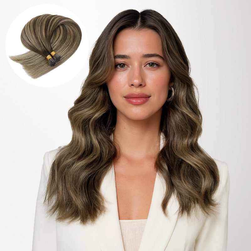 Caramel Blonde Balayage (4/27/4) I-Tip Hair Extensions 50g_100% Remy Human Hair.