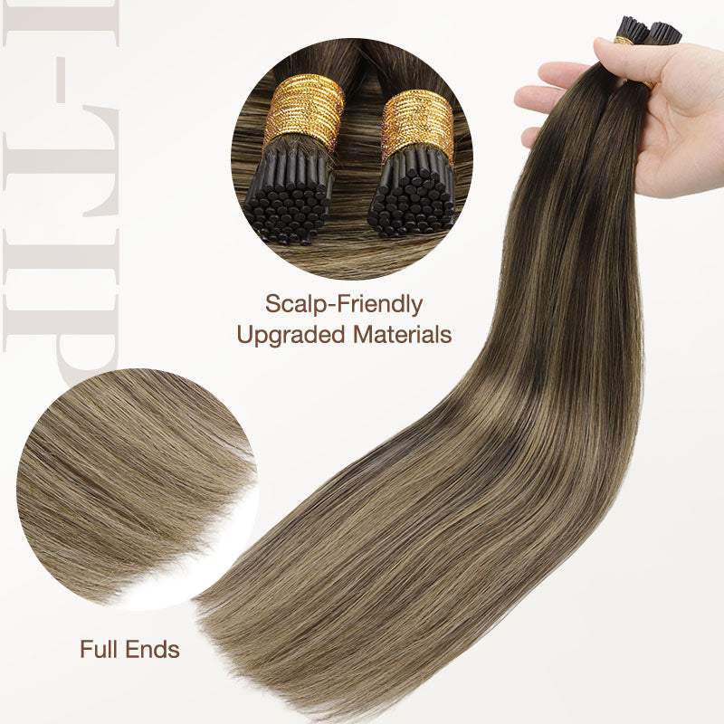 Caramel Blonde Balayage (4/27/4) I-Tip Hair Extensions 50g_100% Remy Human Hair.