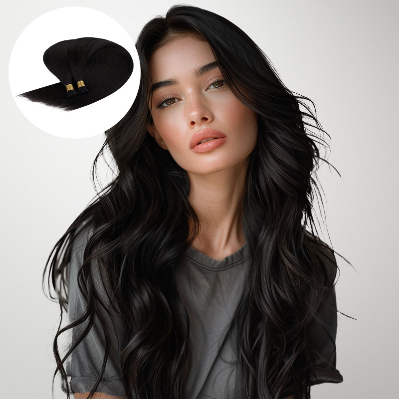 Jet Black (1) I-Tip Hair Extensions 50g_100% Remy Human Hair.